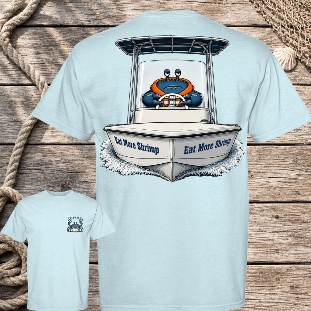 Salty Blue - Eat More Shrimp Captain Tee